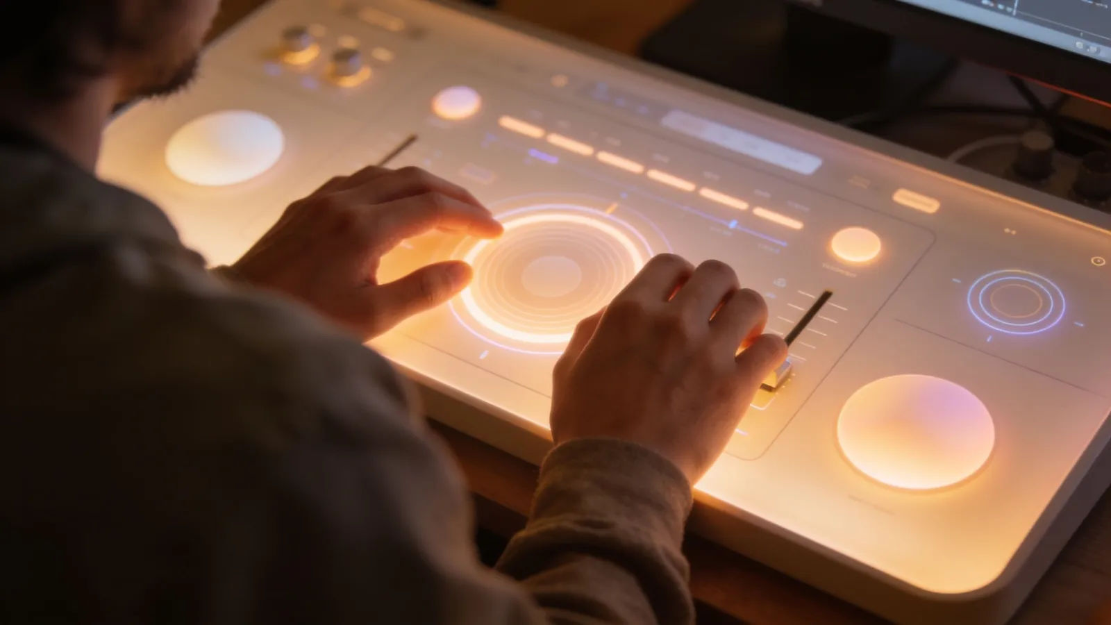 Hands at softly lit console with warm UI
