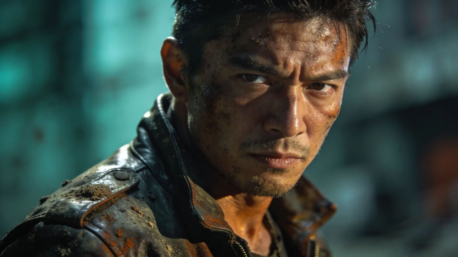 Defiant rugged figure in worn leather jacket