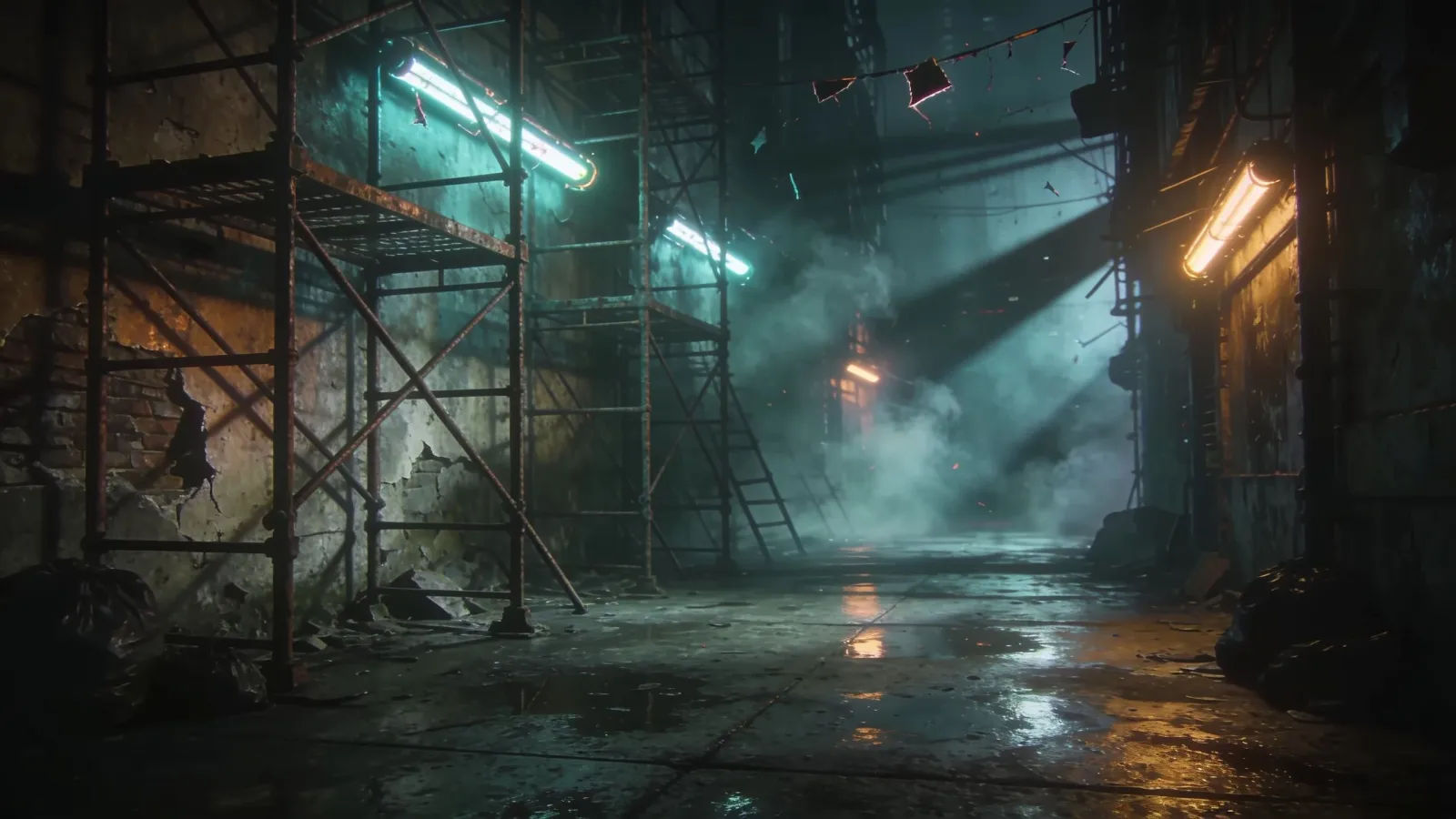 Gritty dystopian urban alley with neon, wide