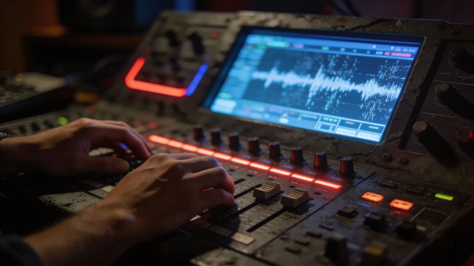 Hands at rugged console with gritty waveform UI