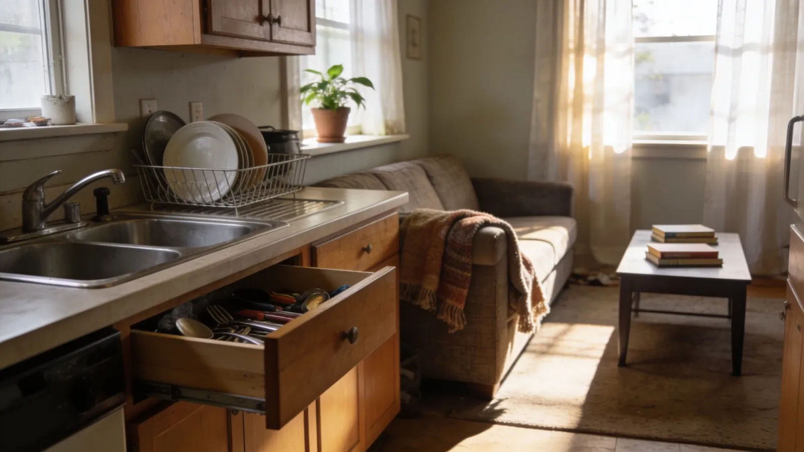 Sunlit lived-in kitchen and living space, no people