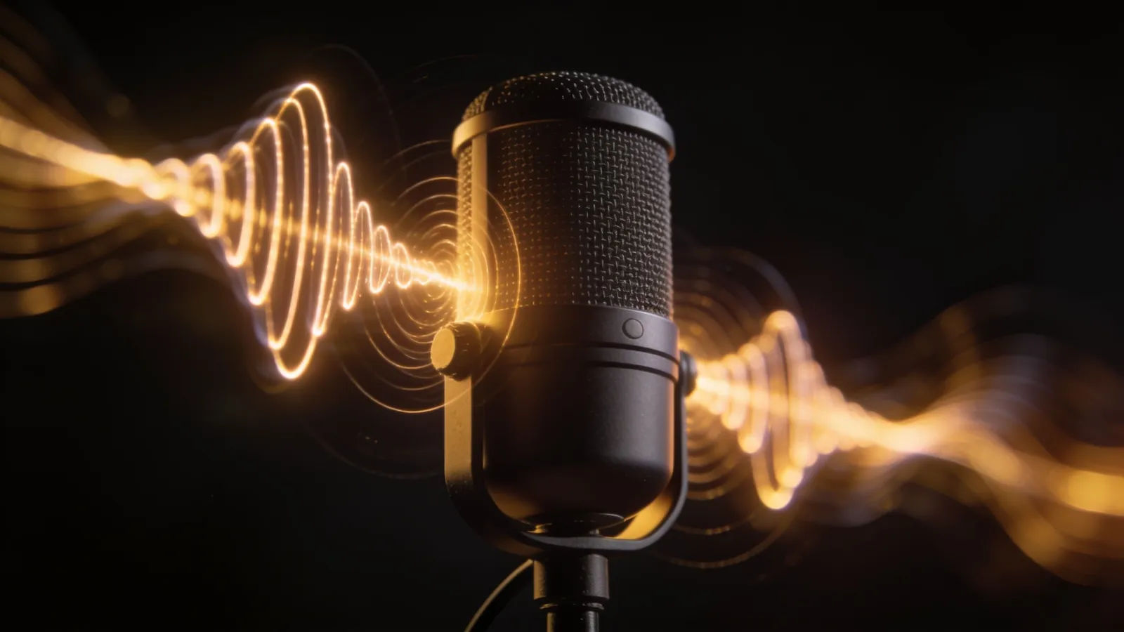 Soft glowing waveform drifting around a desktop microphone
