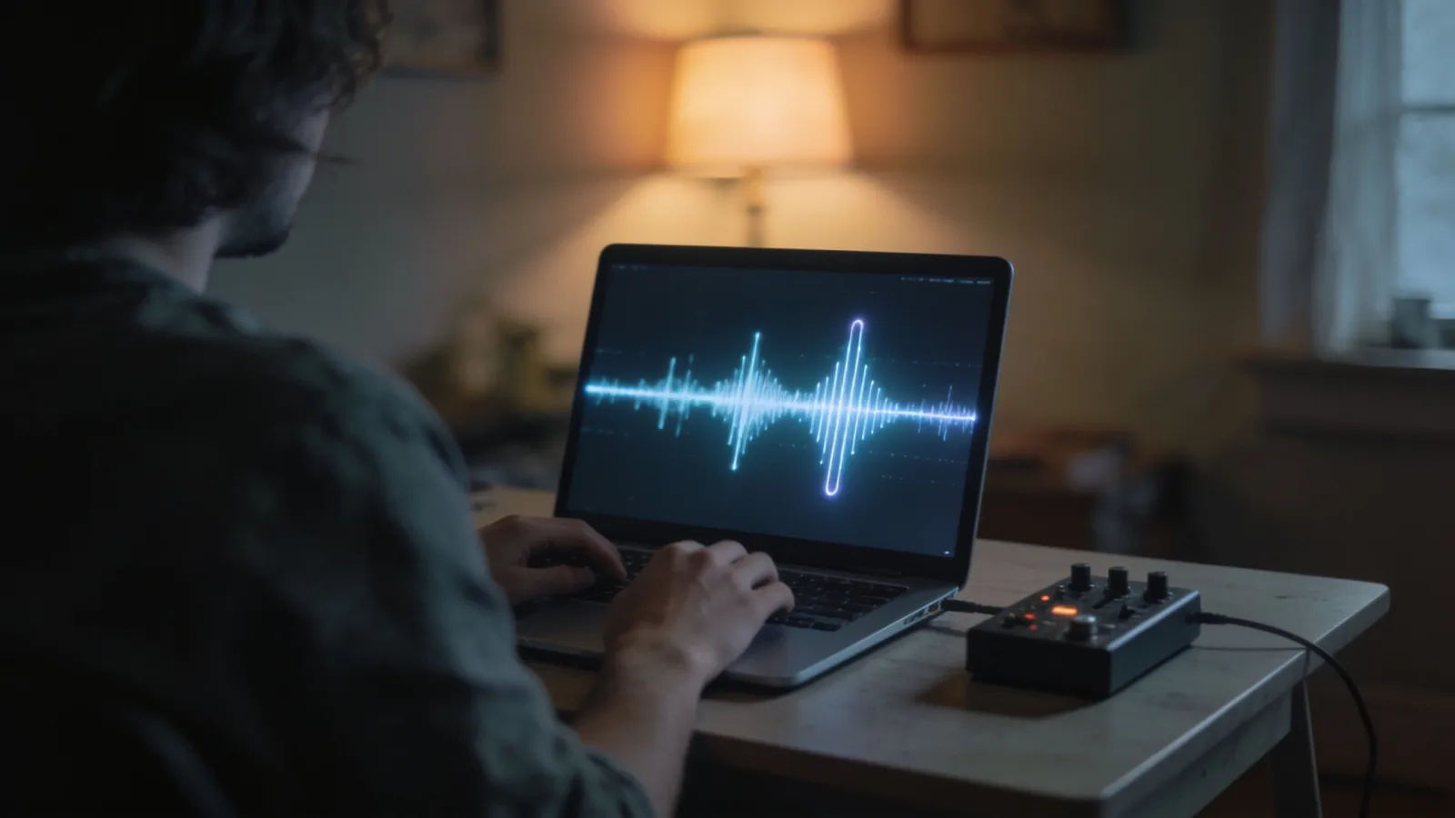 Person at home desk with glowing audio waveform screen