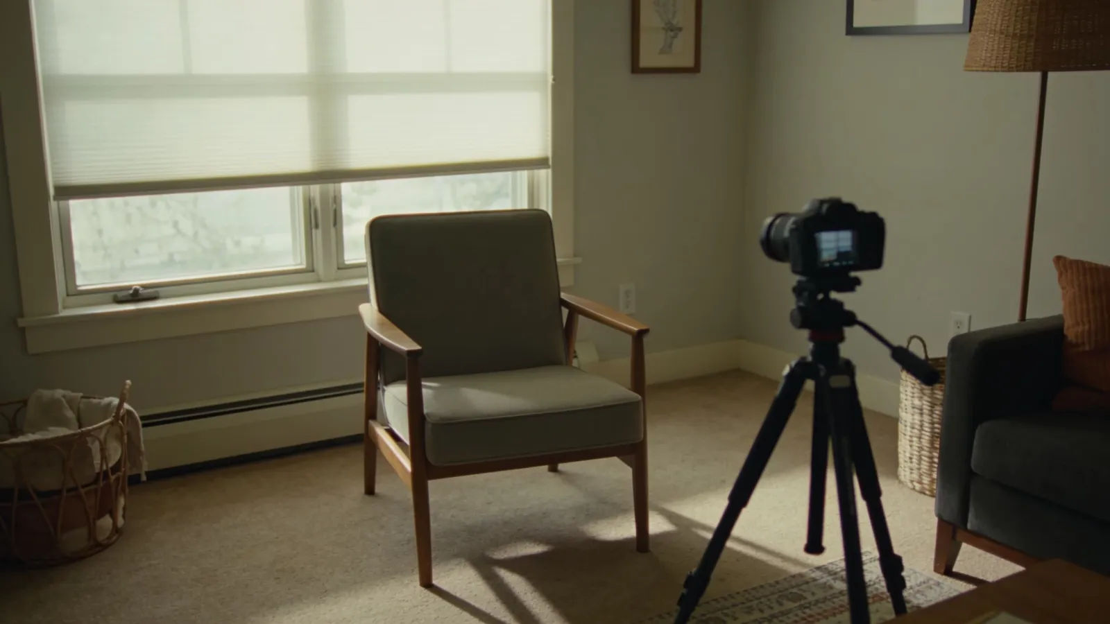 Cozy living room set up for a video testimonial