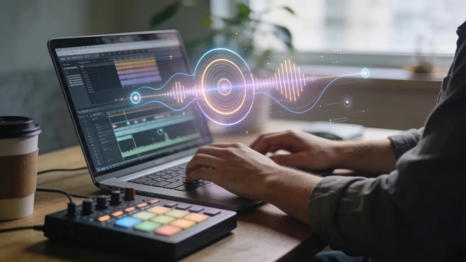 Hands at a laptop with a glowing audio interface