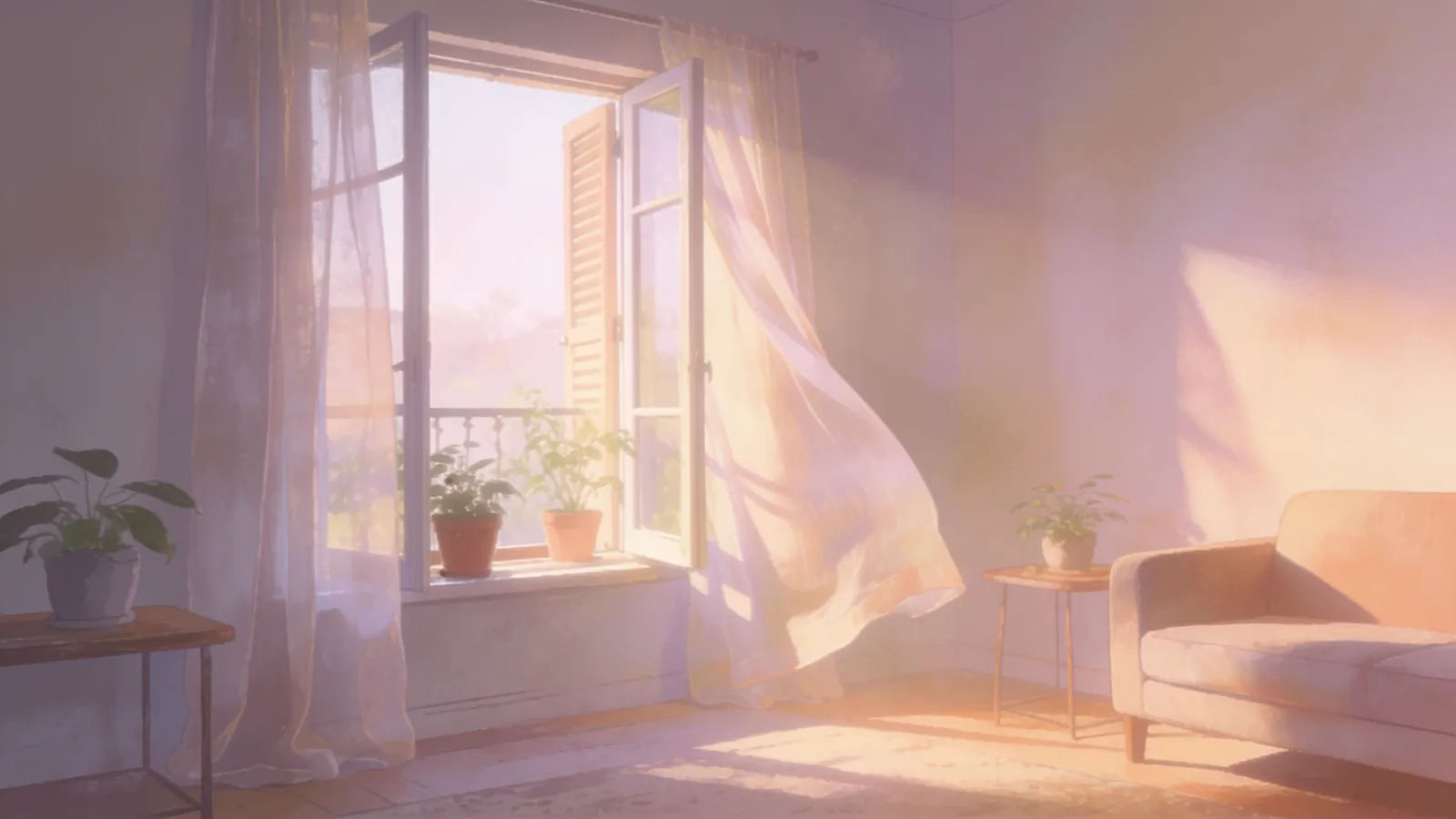 Tranquil sunlit living room with billowing curtains