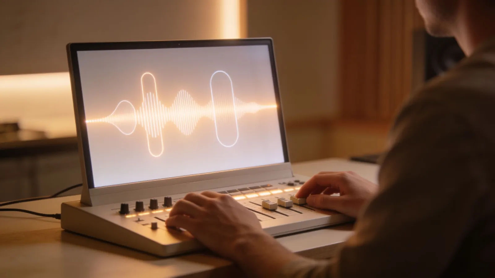 Hands at a minimalist console, soft waveform UI