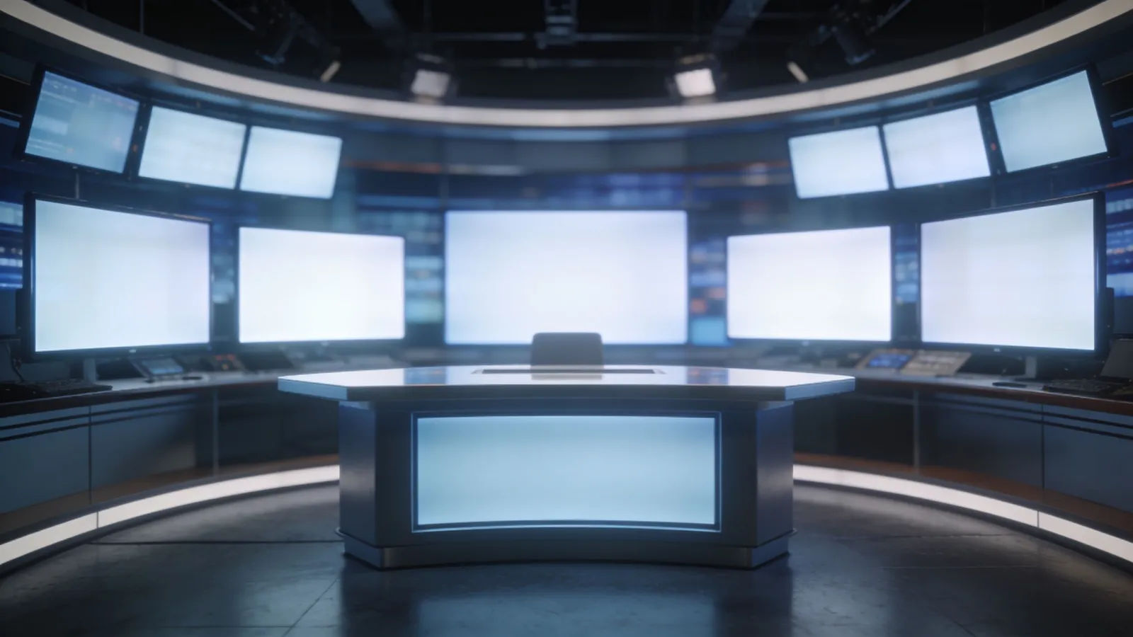 Modern newsroom with glowing monitors and desk