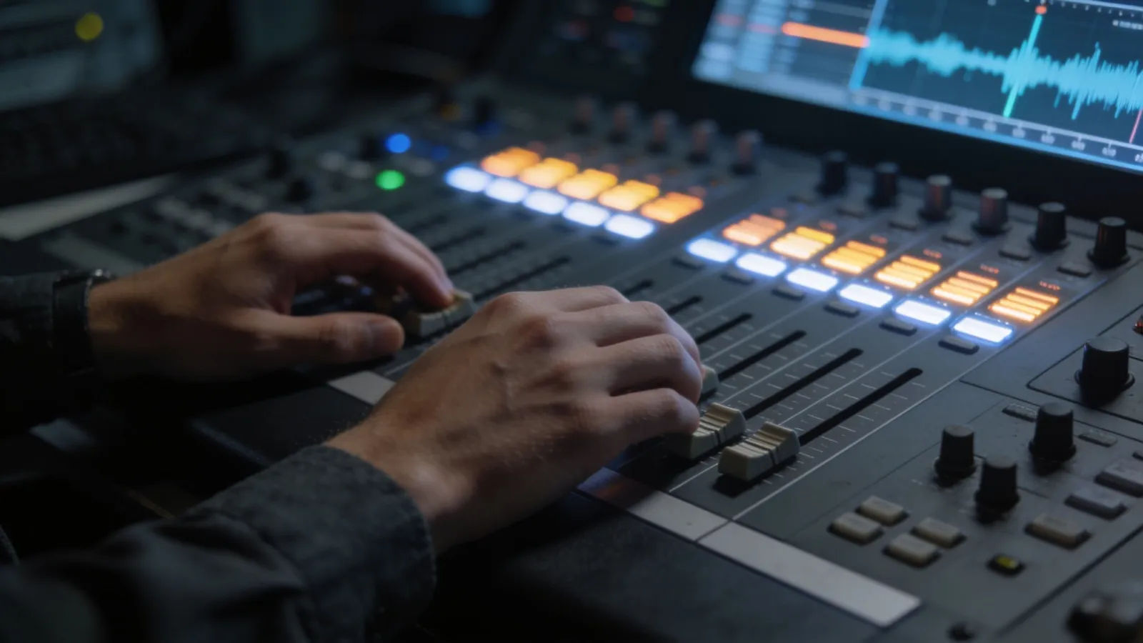 Hands at a broadcast audio desk with meters