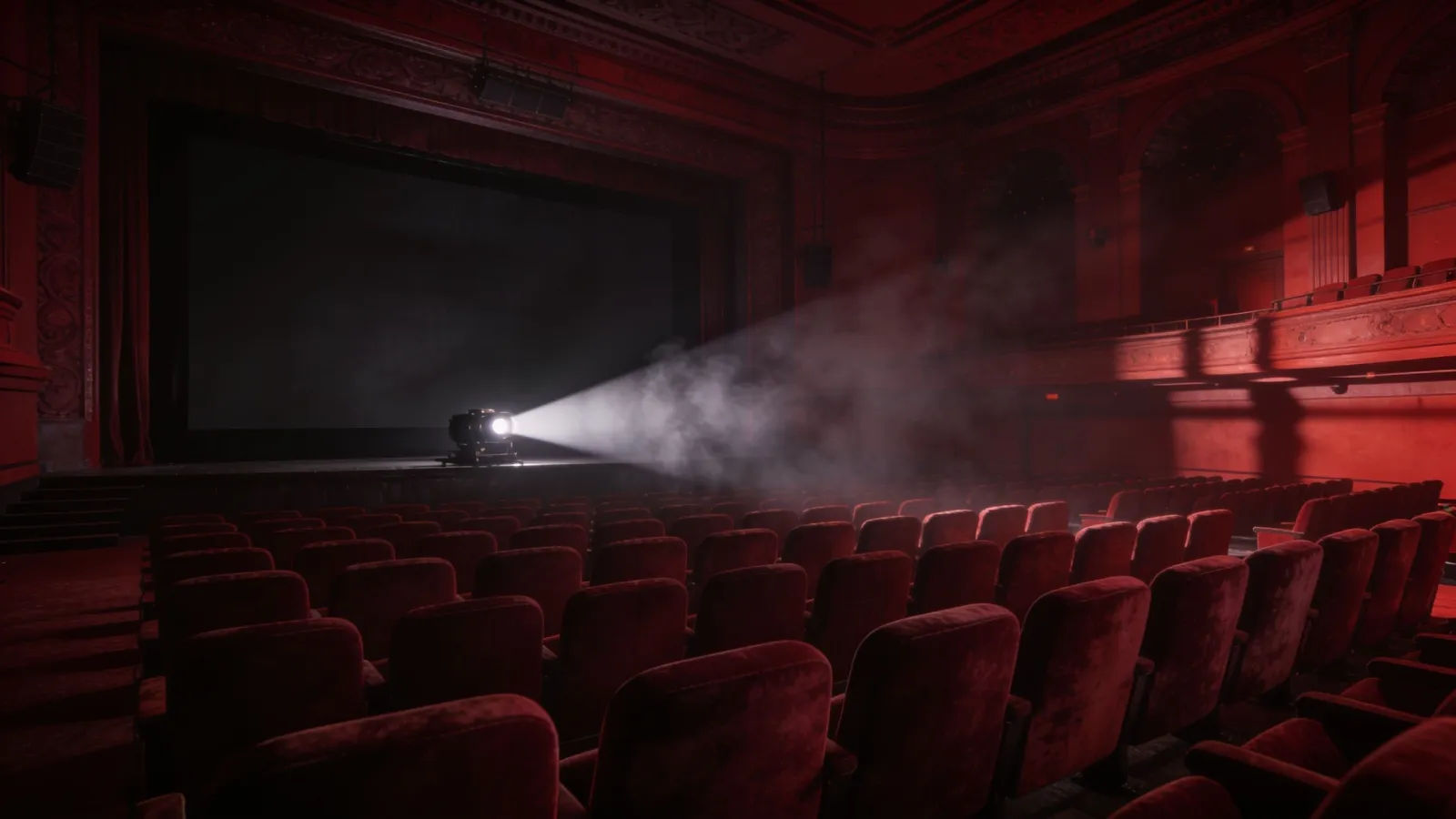 Empty grand cinema auditorium in red light
