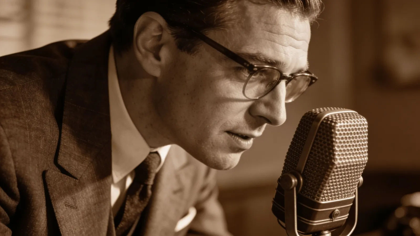 Mid-century announcer at vintage ribbon microphone
