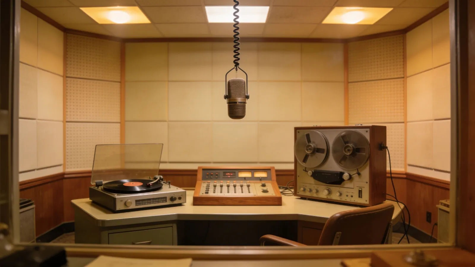 1950s radio broadcast studio in warm tungsten glow