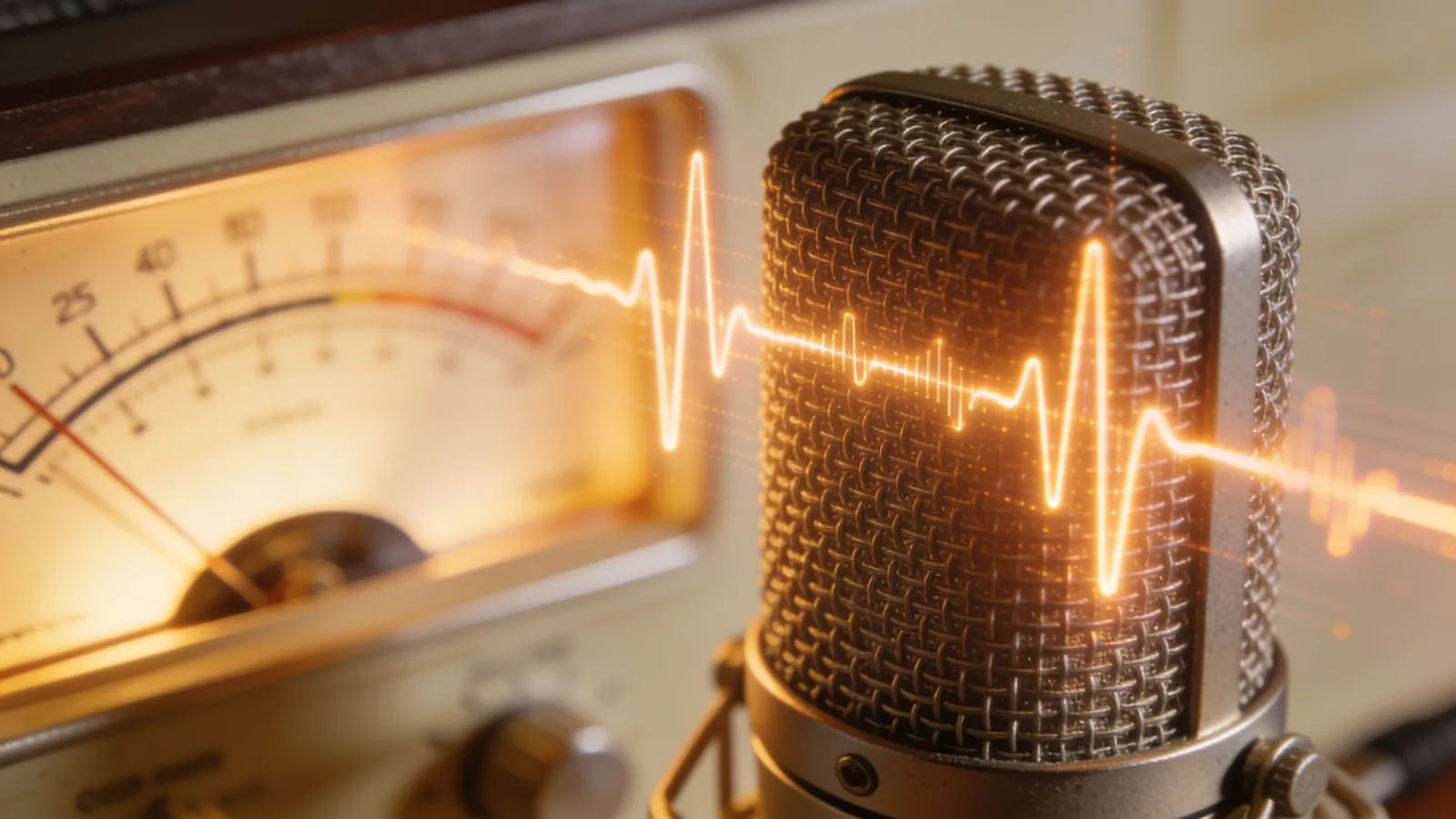 Vintage ribbon microphone with analog waveform glow