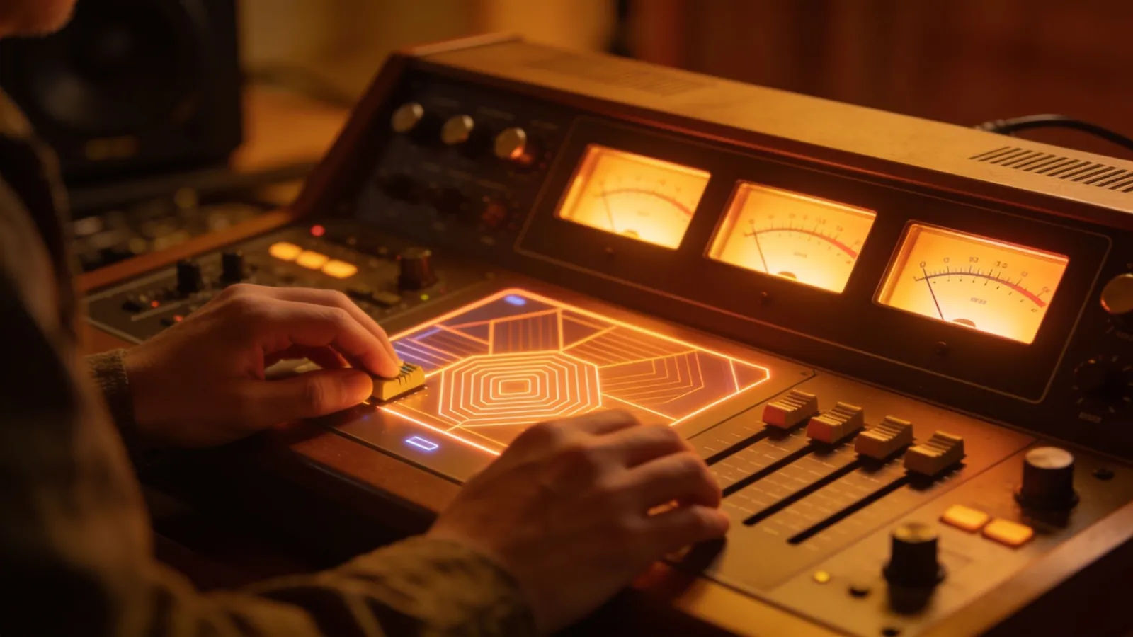 Hands on retro audio console with analog meters
