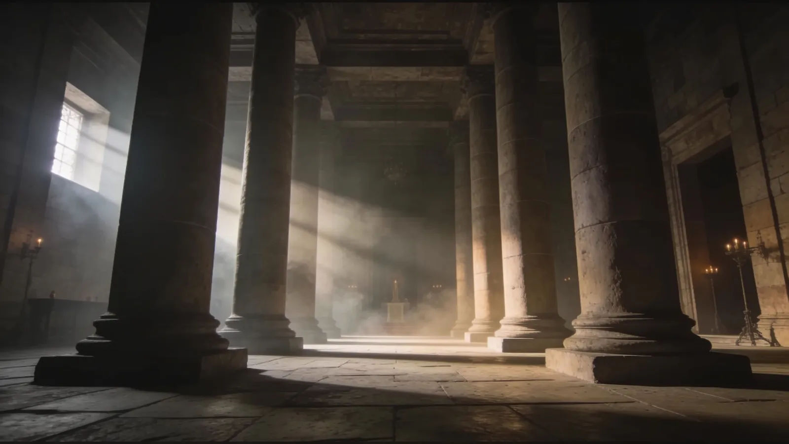 Dim stone hall with columns and light shafts