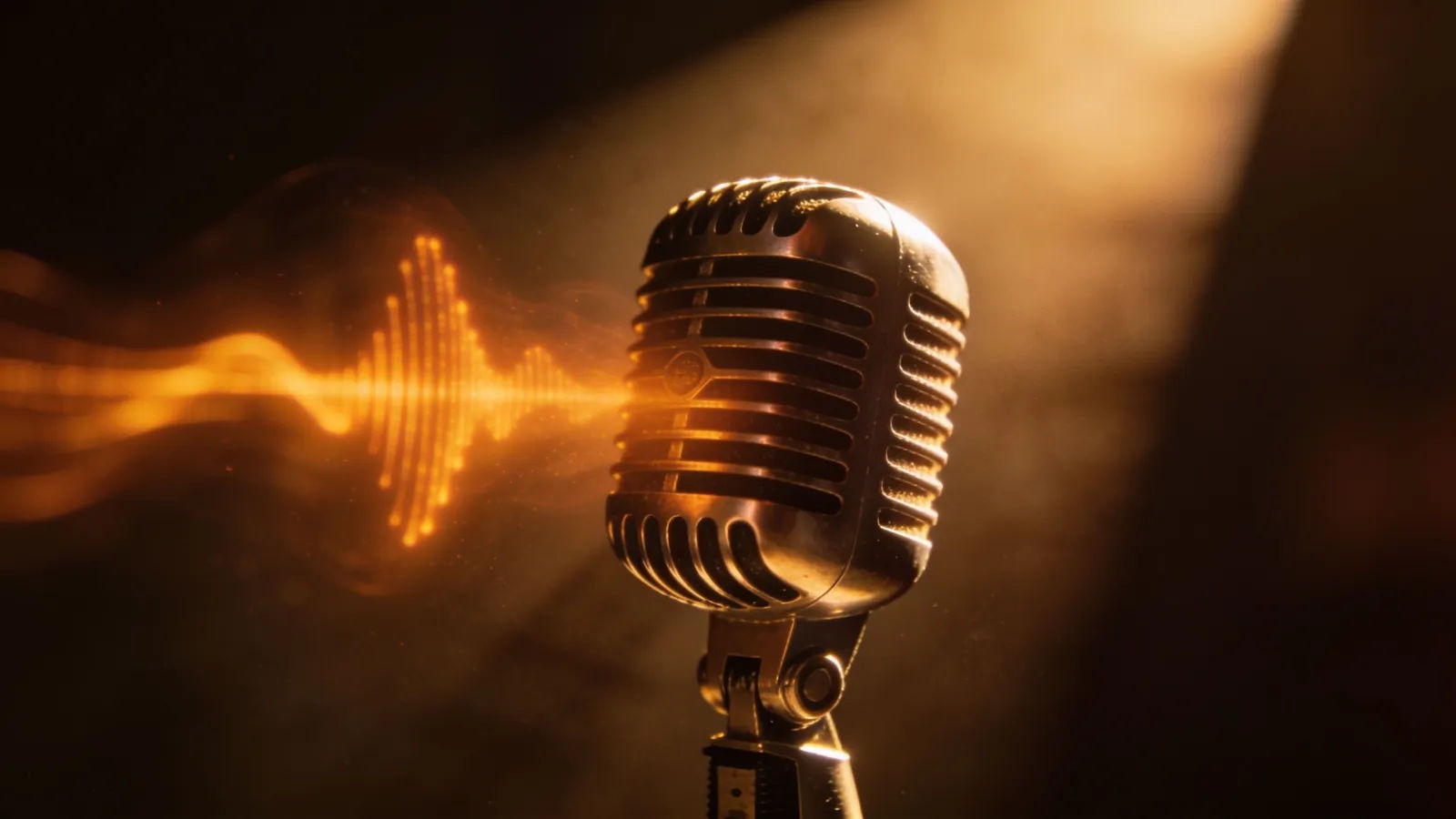 Classic microphone with slow amber glowing waveform