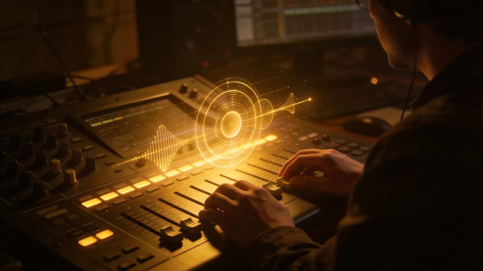 Hands at dim console with golden audio UI