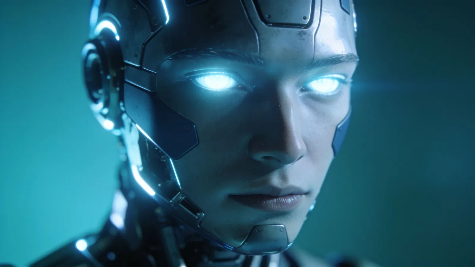 Sleek humanoid android face with glowing eyes
