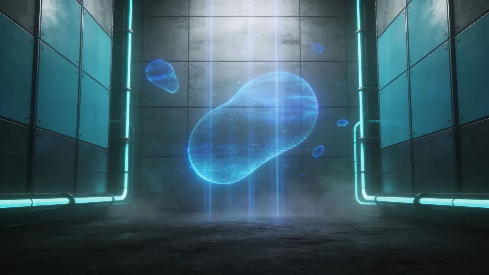 Futuristic sci-fi laboratory with holographic shapes, wide