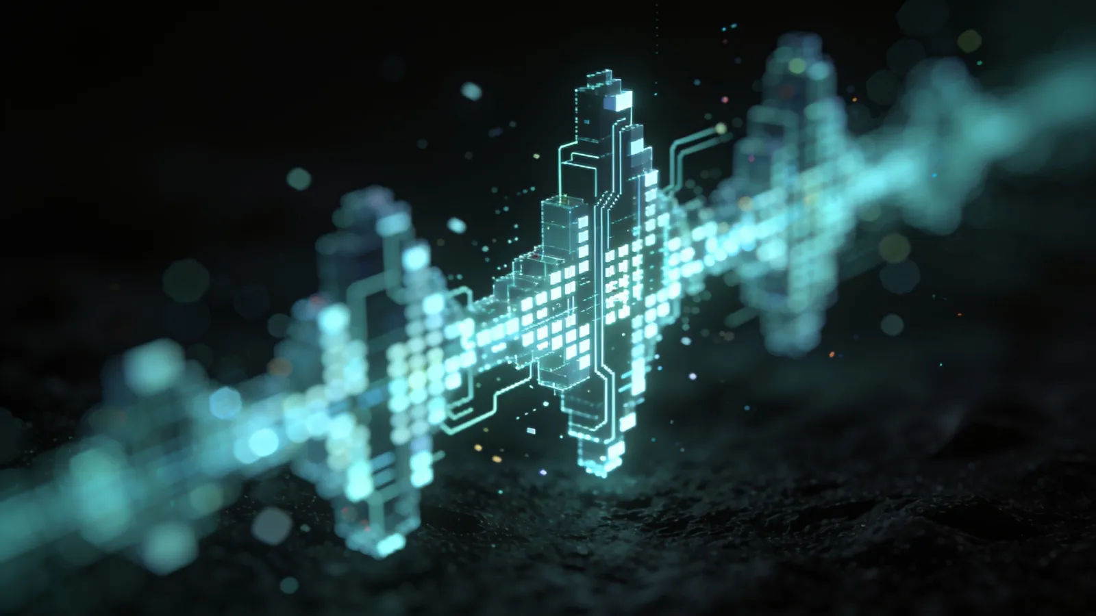 Digital glitch soundwave of pixel shards macro