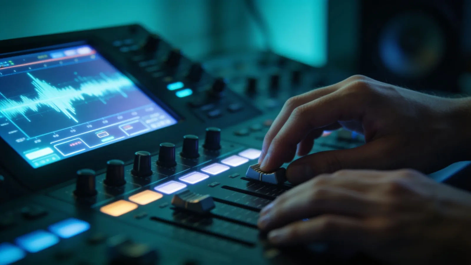 Hands at futuristic console with digital waveform UI