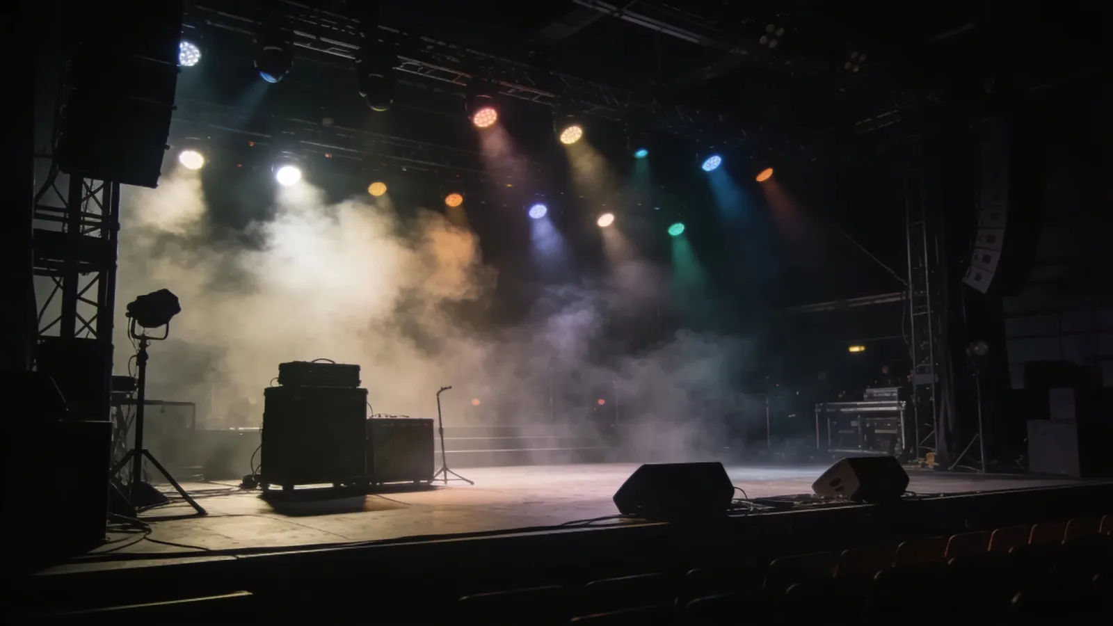 Empty concert stage in dramatic backlight and haze