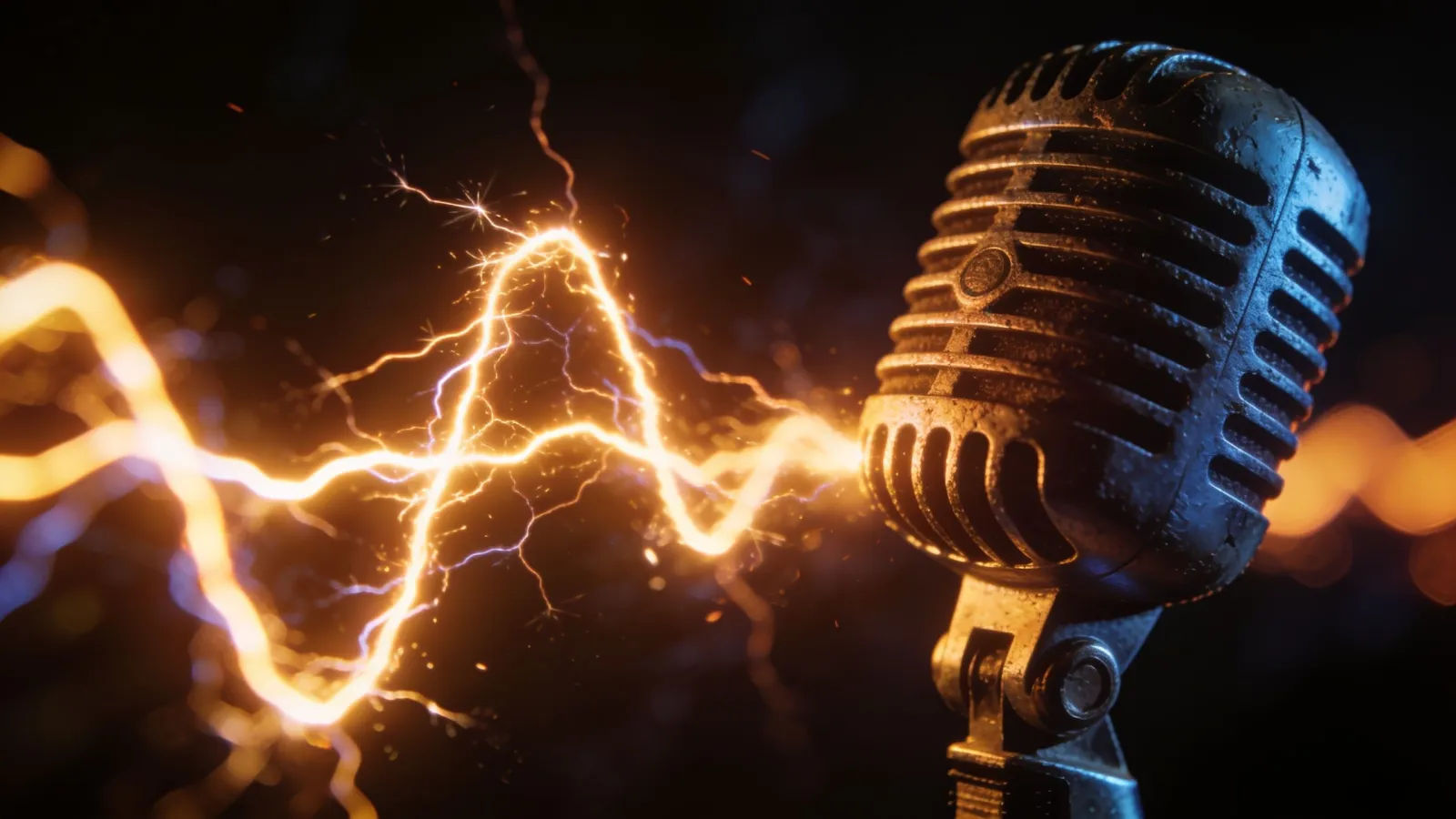 Gritty glowing waveform beside a vintage stage microphone