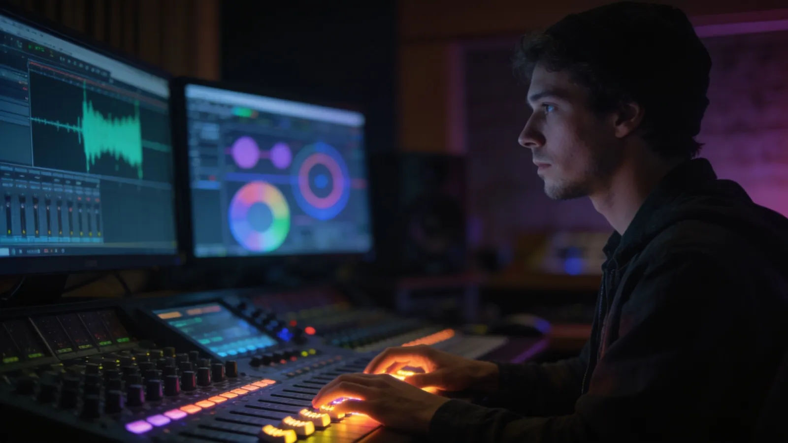 Producer at mixing console with glowing faders, moody light