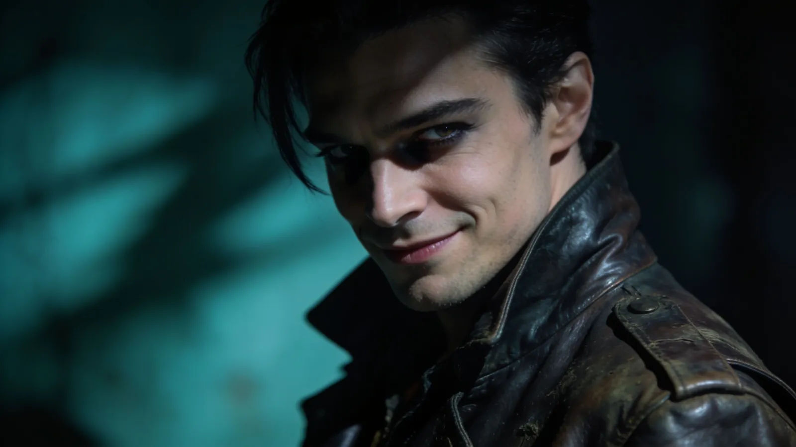 Sly charming rogue in a worn leather coat