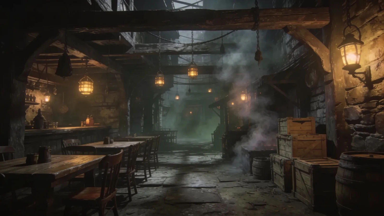 Dim fantasy tavern hideout in lantern light