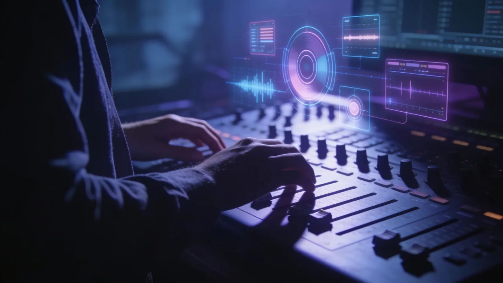 Hands at a shadowed console with a glowing audio interface