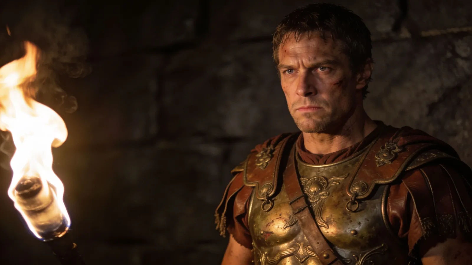 Generic Roman arena fighter in weathered armor by torchlight