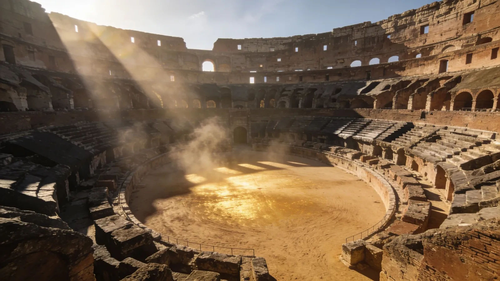 Sunlit generic ancient Roman amphitheater arena interior