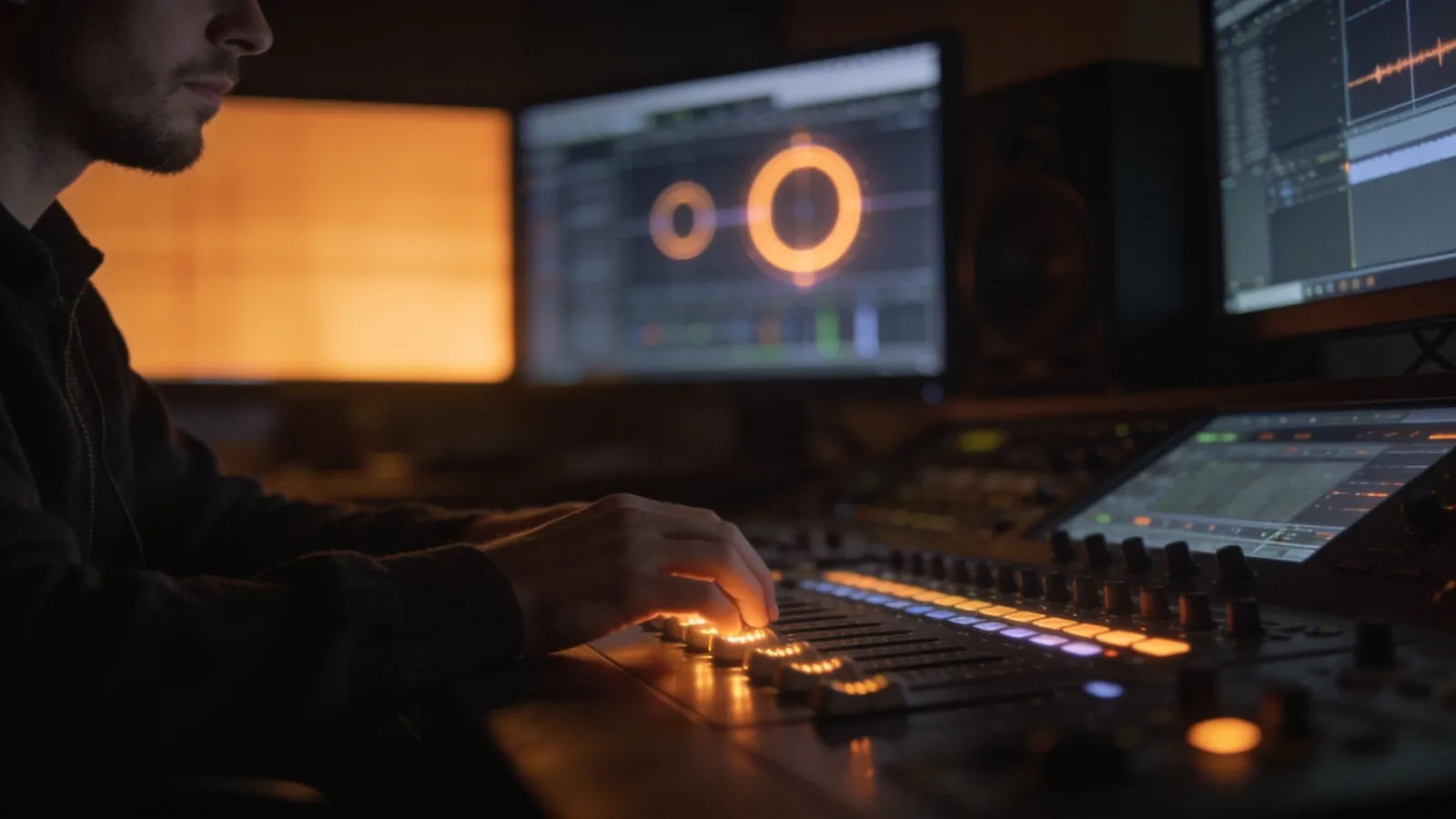 Creator at audio console with glowing interface, amber glow