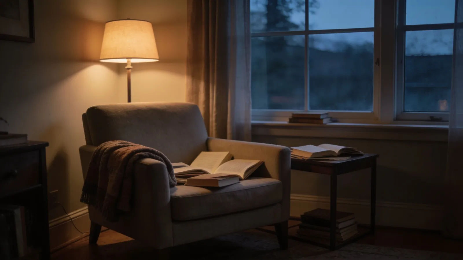 Cozy armchair reading nook by window, warm evening light