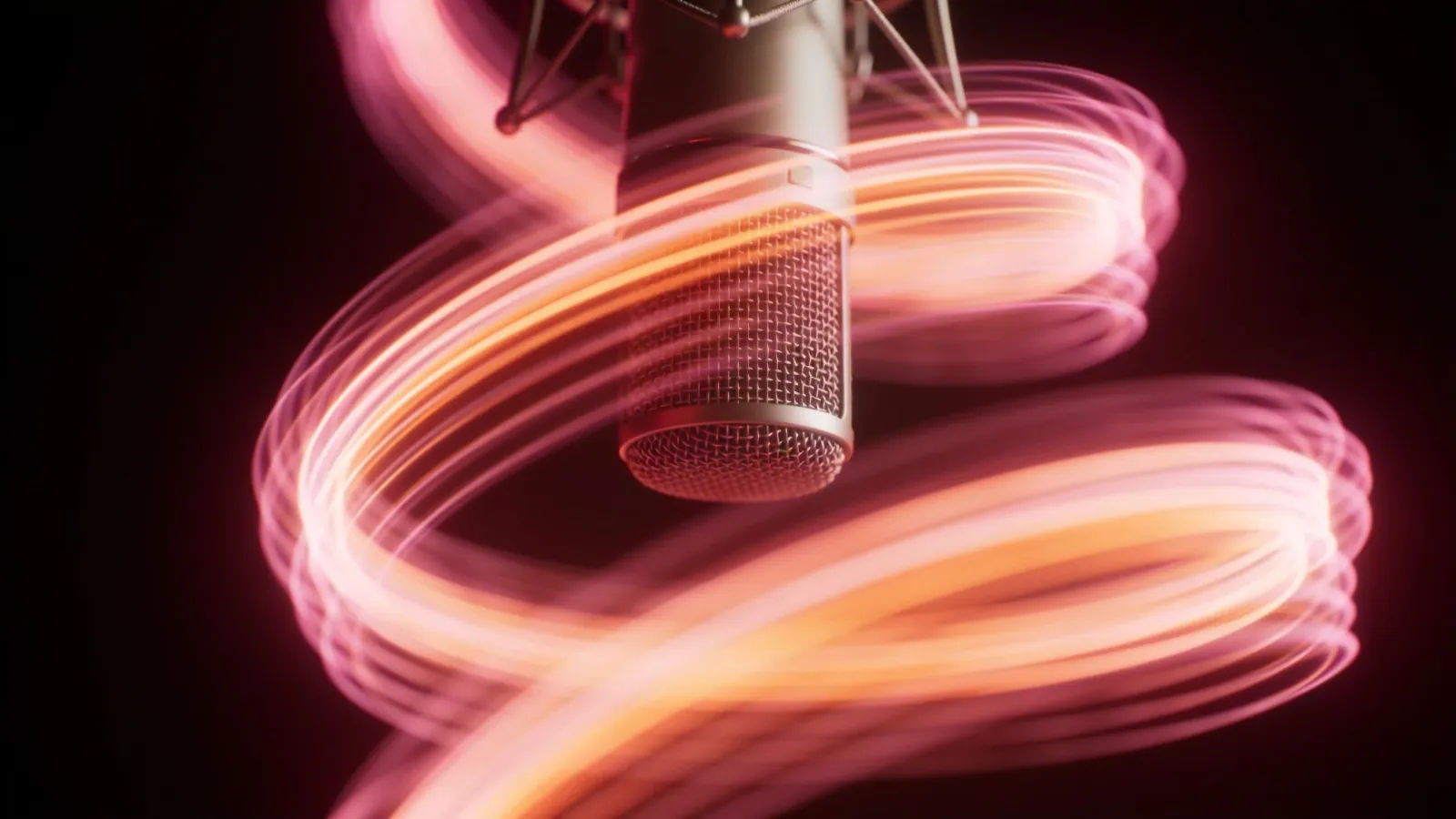 Delicate glowing waveform curling around a slim microphone