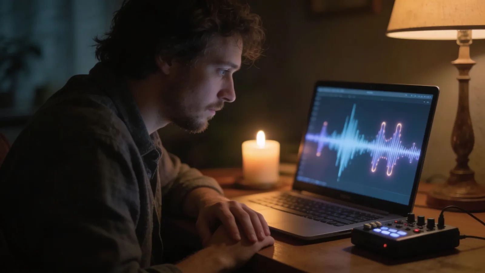Writer at warm desk with soft glowing audio waveform screen