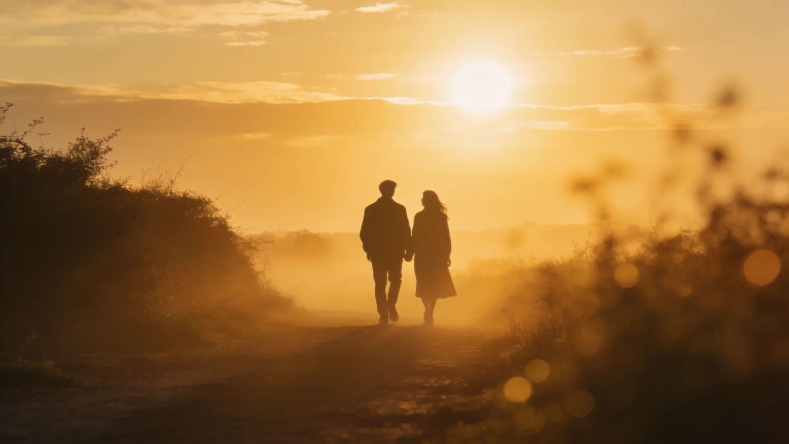 Couple walking at a distance in golden sunset