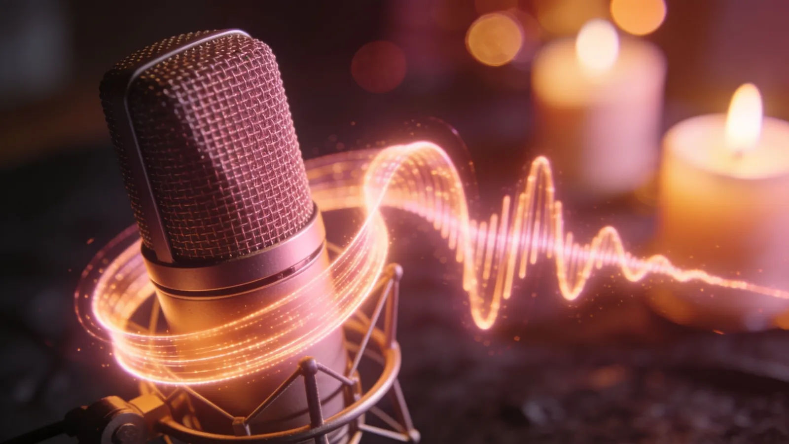 Microphone with warm rose-gold glowing waveform ribbon
