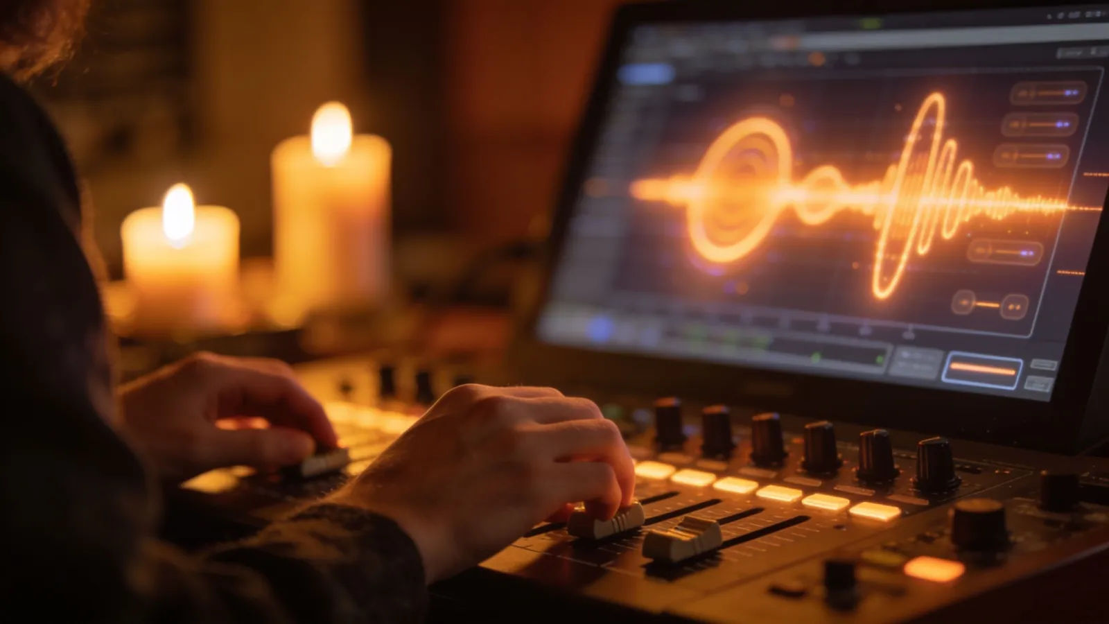 Hands at a console, candlelit warm audio UI