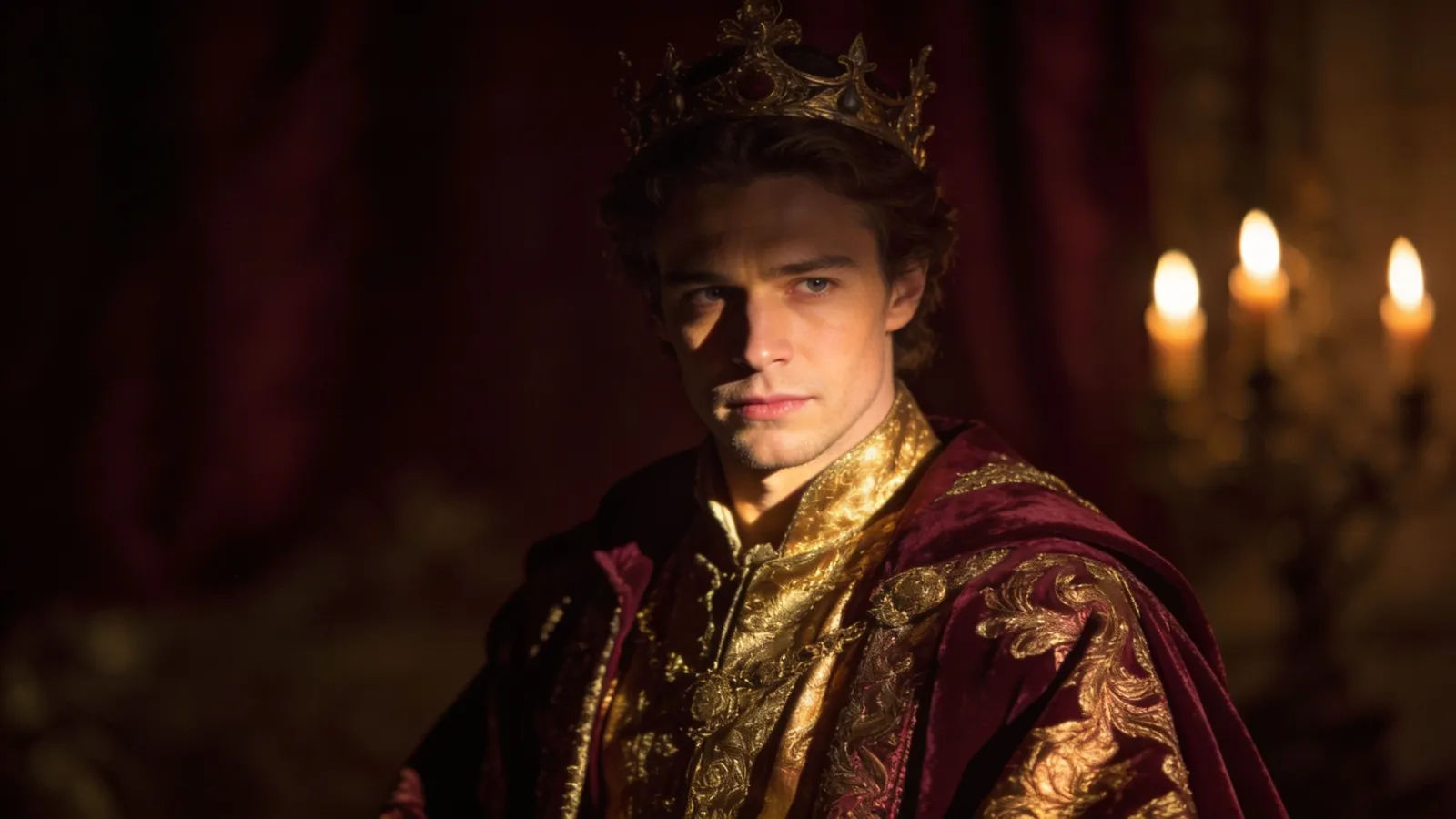 Regal figure in ornate robes, candlelit noble portrait