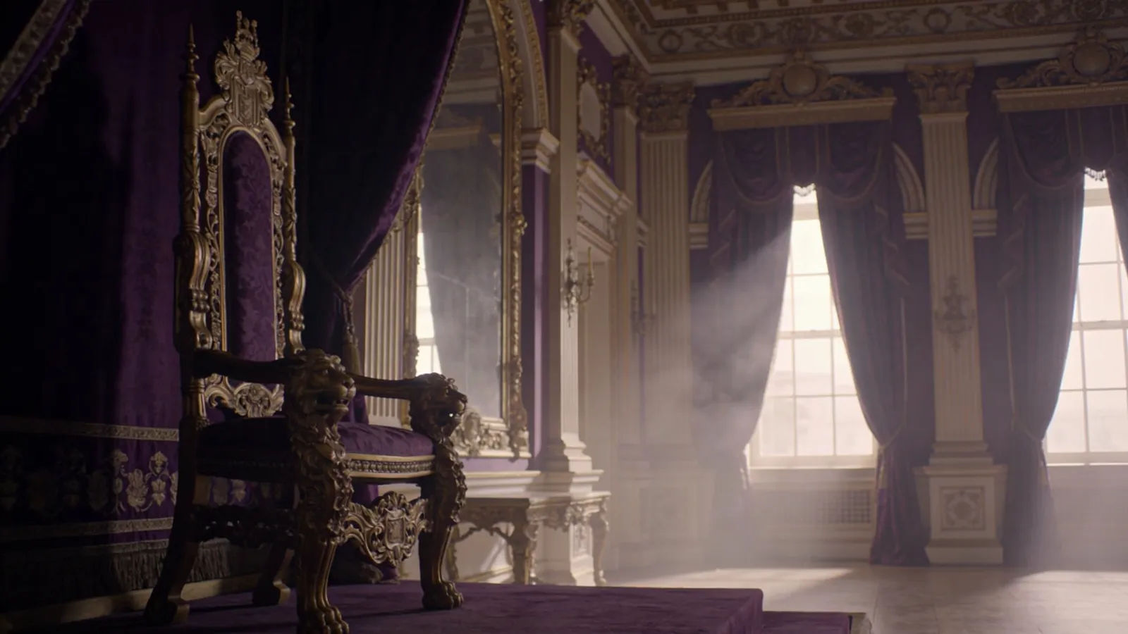 Grand ornate throne hall with drapery and light