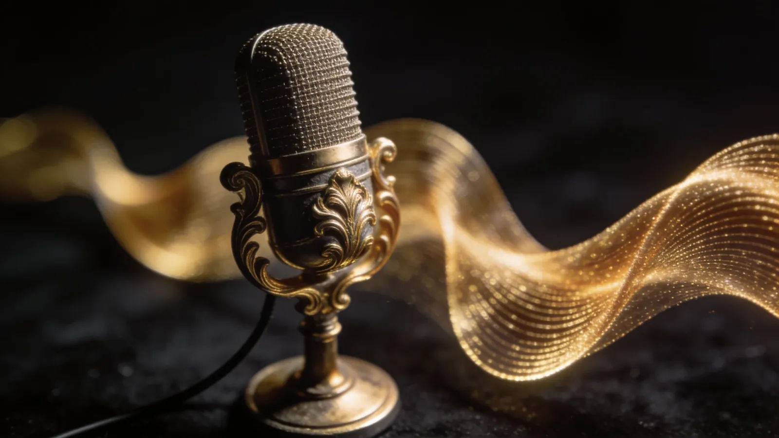 Elegant flowing golden waveform beside ornate microphone