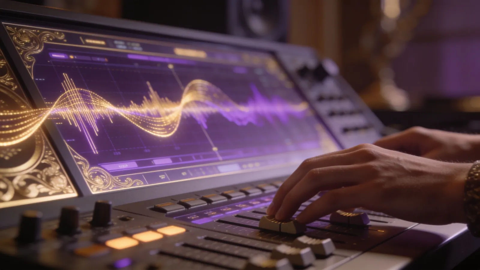 Hands on console with gold and violet waveforms