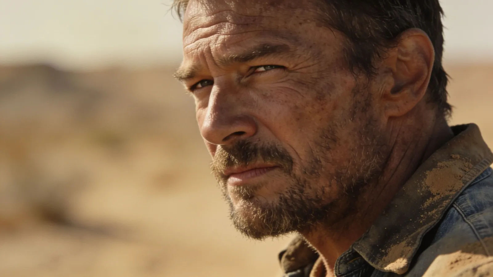 Weathered trail-worn man in hard desert light