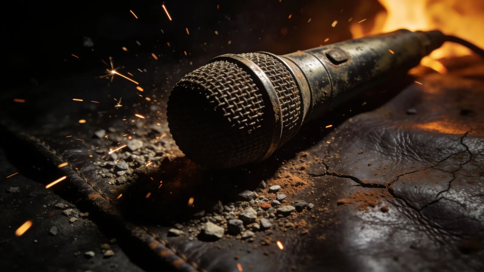 Gritty waveform and battered microphone in firelight