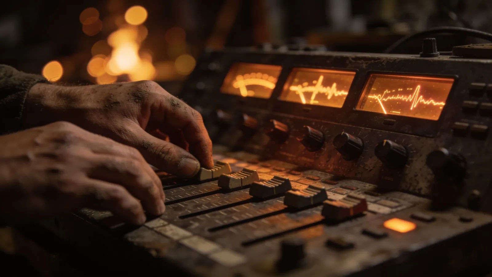 Calloused hands at rugged console in firelight