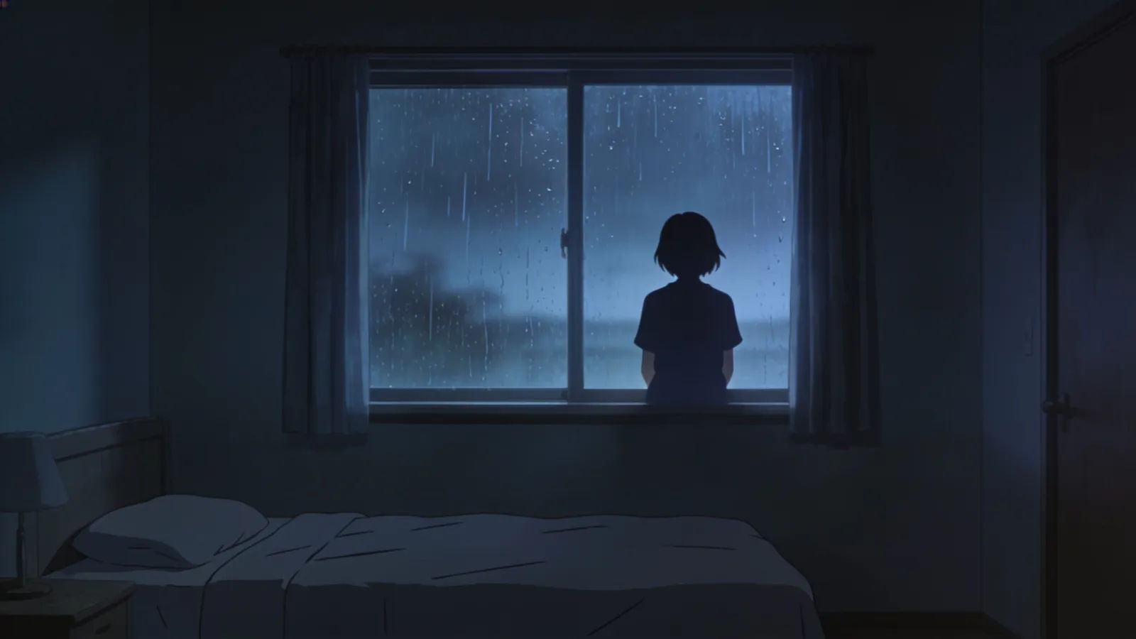 Solitary figure at rain-streaked window, dim bedroom dusk