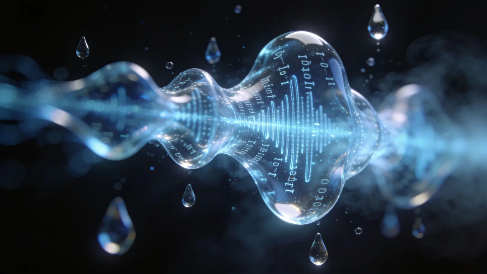 Glowing waveform dissolving into teardrop droplets, near-black