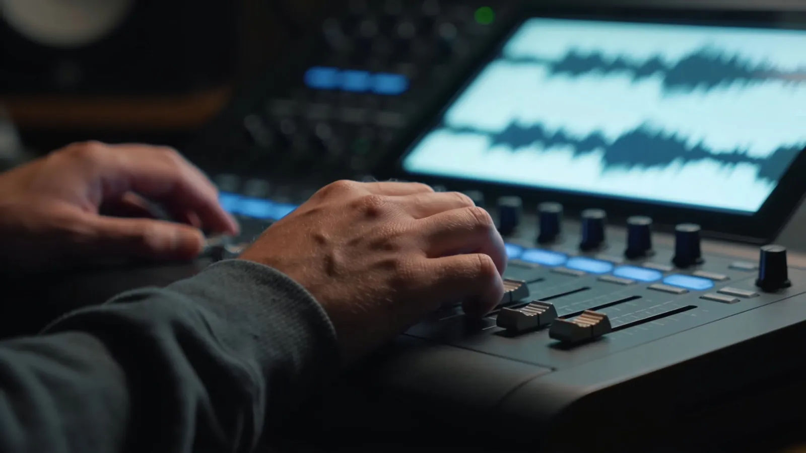 Hands at console with abstract audio UI glow